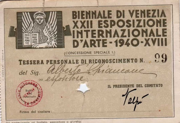 Tessera Espositore Venezia 1940